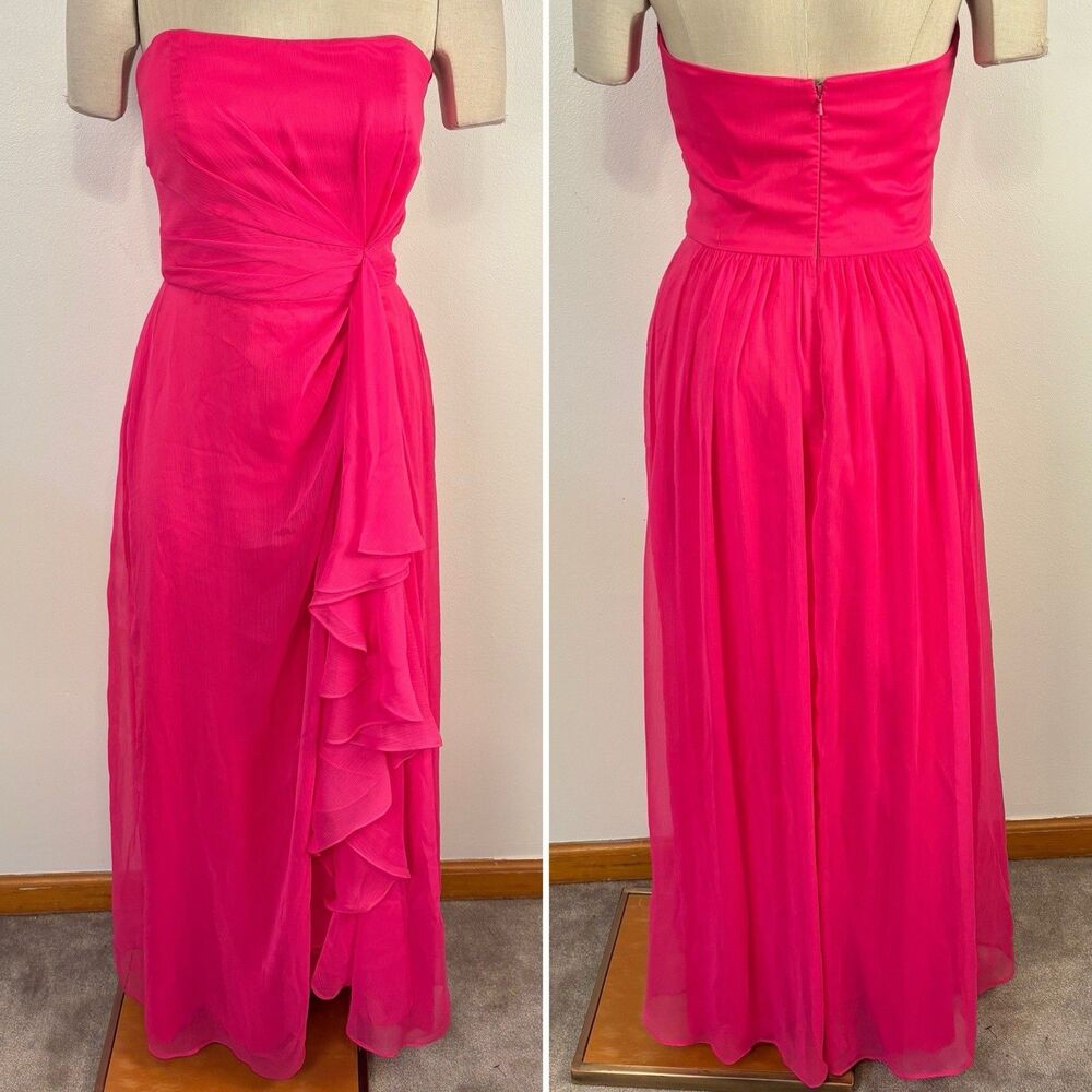 Lela Rose Bridesmaid Dress Size 10 Hot Pink Strapless Crinkle Chiffon Gown LR203